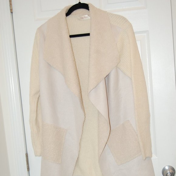Simply Couture XL Ivory Suede& Sherpa Like Open Jacket W/ Knit Sleeves & Back - Picture 3 of 11